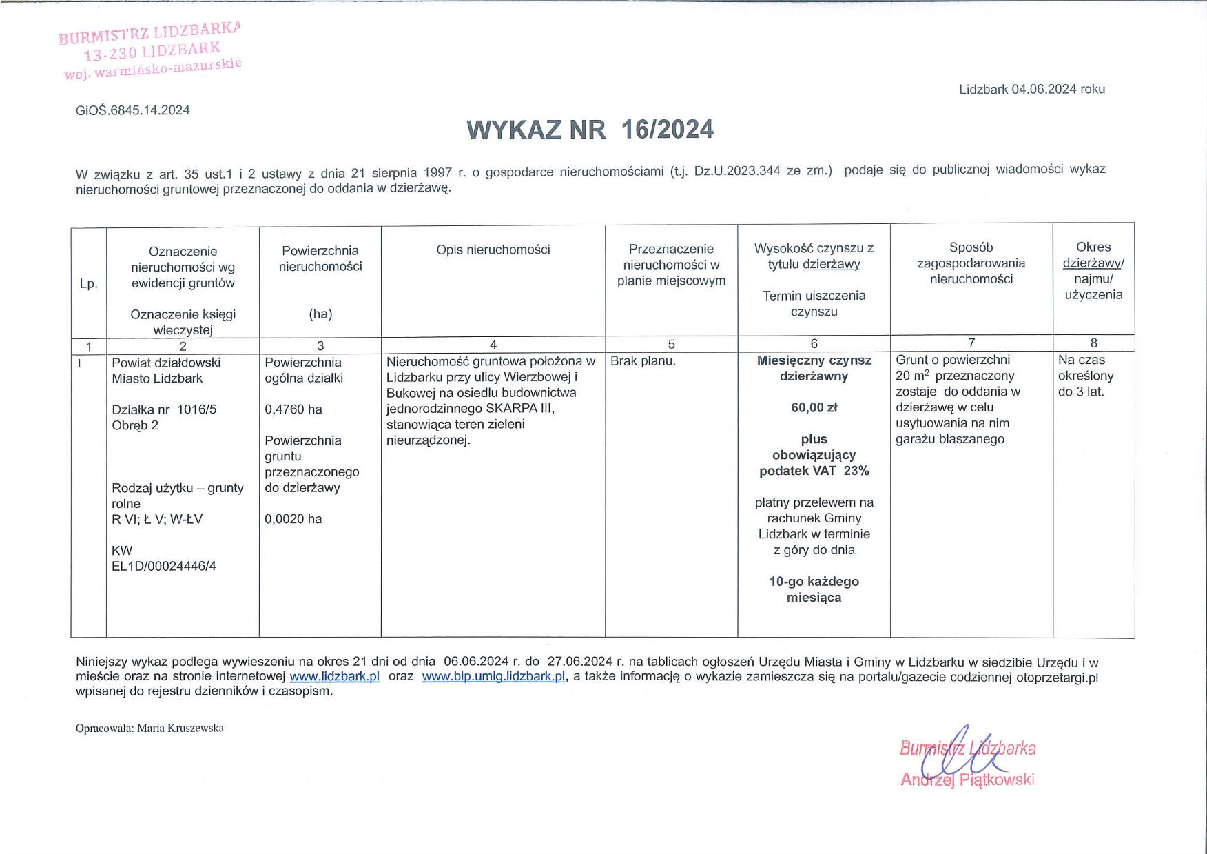 Wykaz Nr 16/2024 - Nieruchomość gruntowa do dzierżawy - Lidzbark, ul. Wierzbowa obr. 2, część dz. nr 1016/5